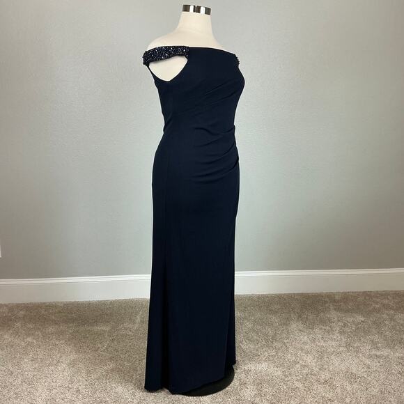 Adrianna Papell Beaded Off the Shoulder Evening Gown Blue Size 16 Thigh Slit - Picture 2 of 14